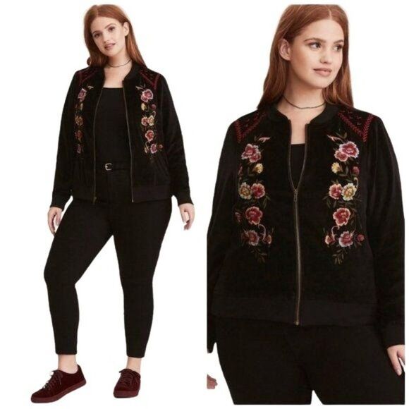 Torrid Womens Jacket Black 1X Embroidered Floral Bomber Full Zip 1 Velvet - Picture 1 of 8